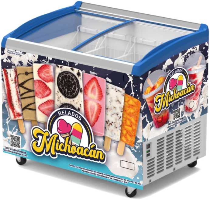 Branded Helados Michoacán ice cream freezer filled with paletas